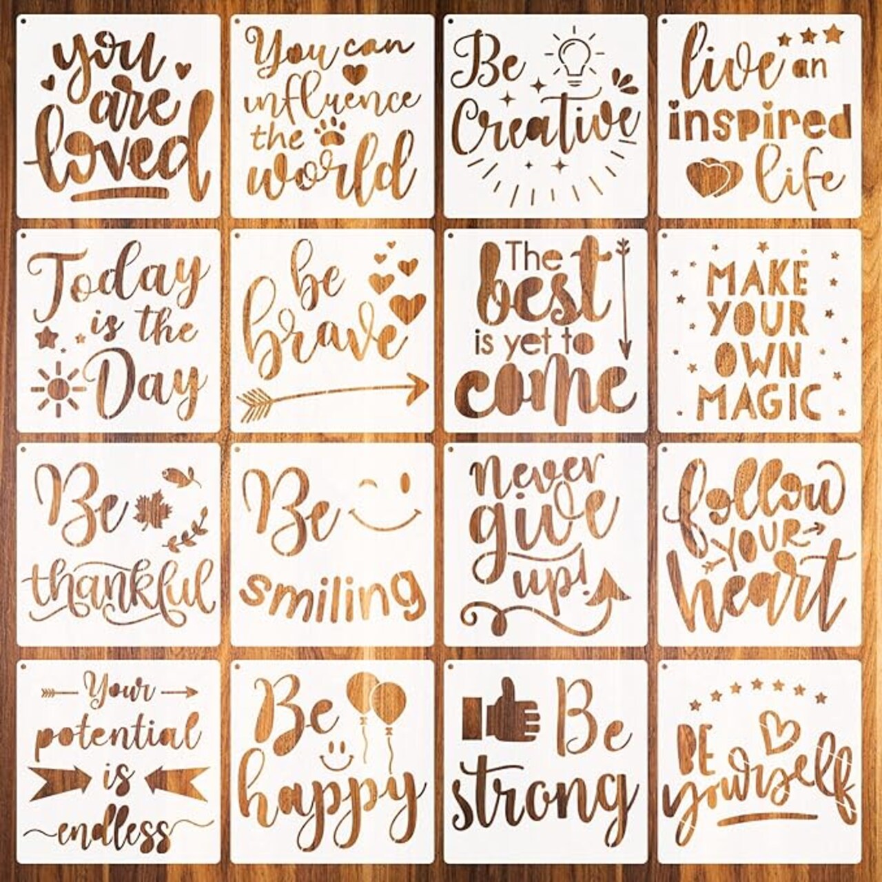 16 Pieces Inspirational Word Stencil 6.3 Inch Motivational Quote Reusable Polyester Film Template Stencils with Open Ring for Crafts Painting on Wood Drawing Wall Home Decor Gift